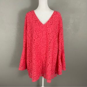 Roamans Tunic Top 30W Coral Orange Lace Lined Long Flare Sleeve Shirt Blouse